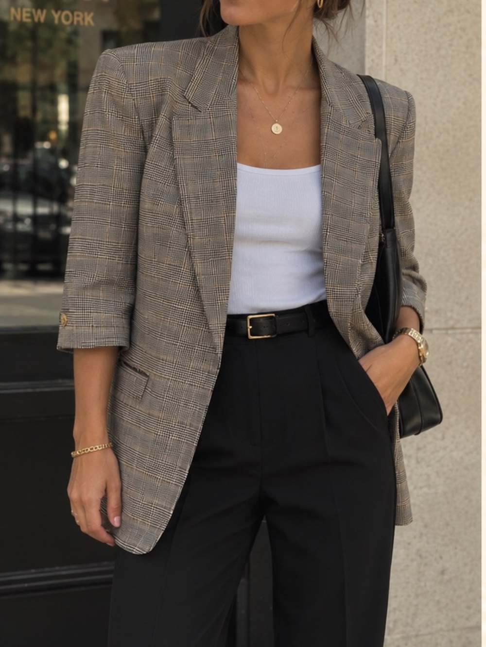 Anne Klein Olive - Black Plaid Blazer with 3/4 sleeves
